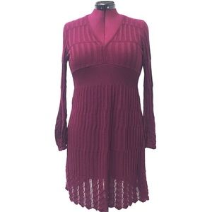 L Cranberry V Neck Crocheted Lace Sweater Dress